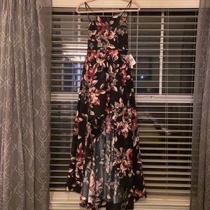 Strapless Floral Print Satin High Low Dress